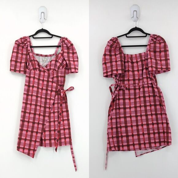 BAUM UND PFERDGARTEN Women 32 US 2 Arvia Dress Pink Plaid Mini Asymmetrical NEW - Picture 3 of 9